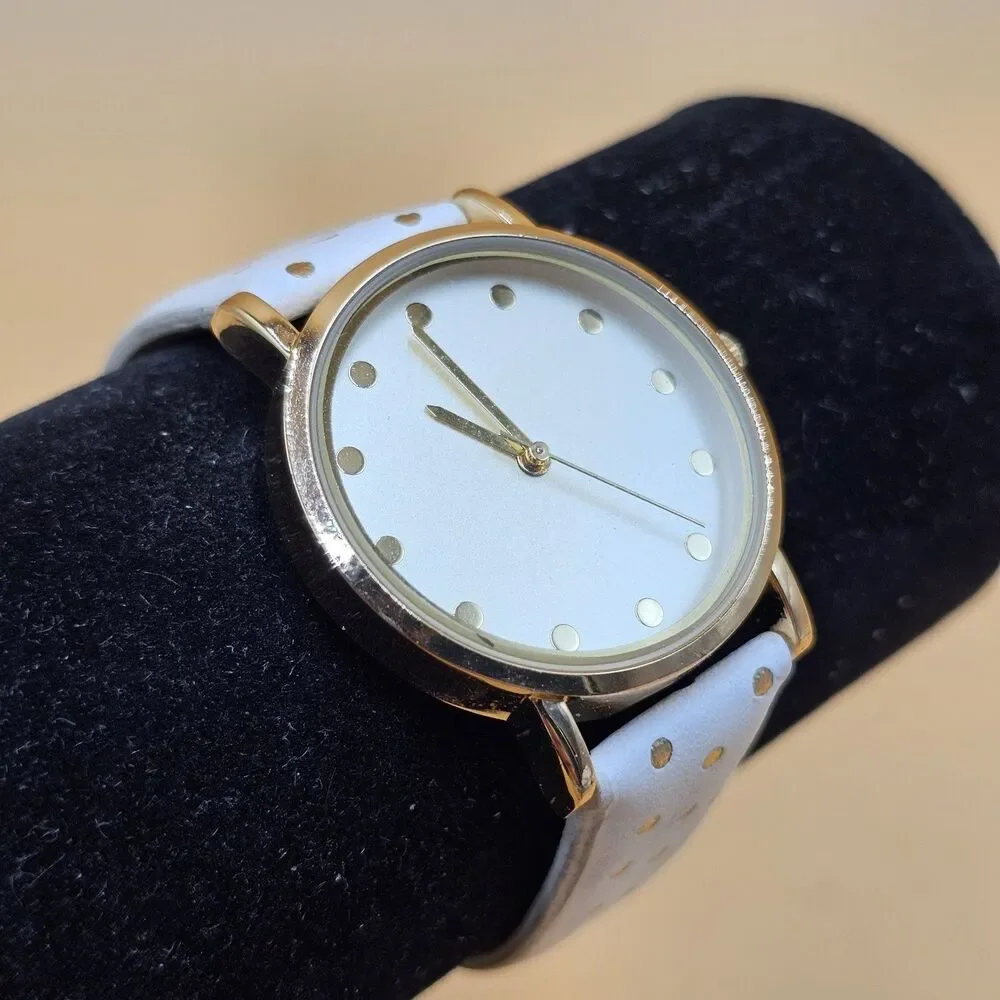 Vintage Ladies White Dial Gold Polkadot Quartz Watch New Battery Adjustable Band